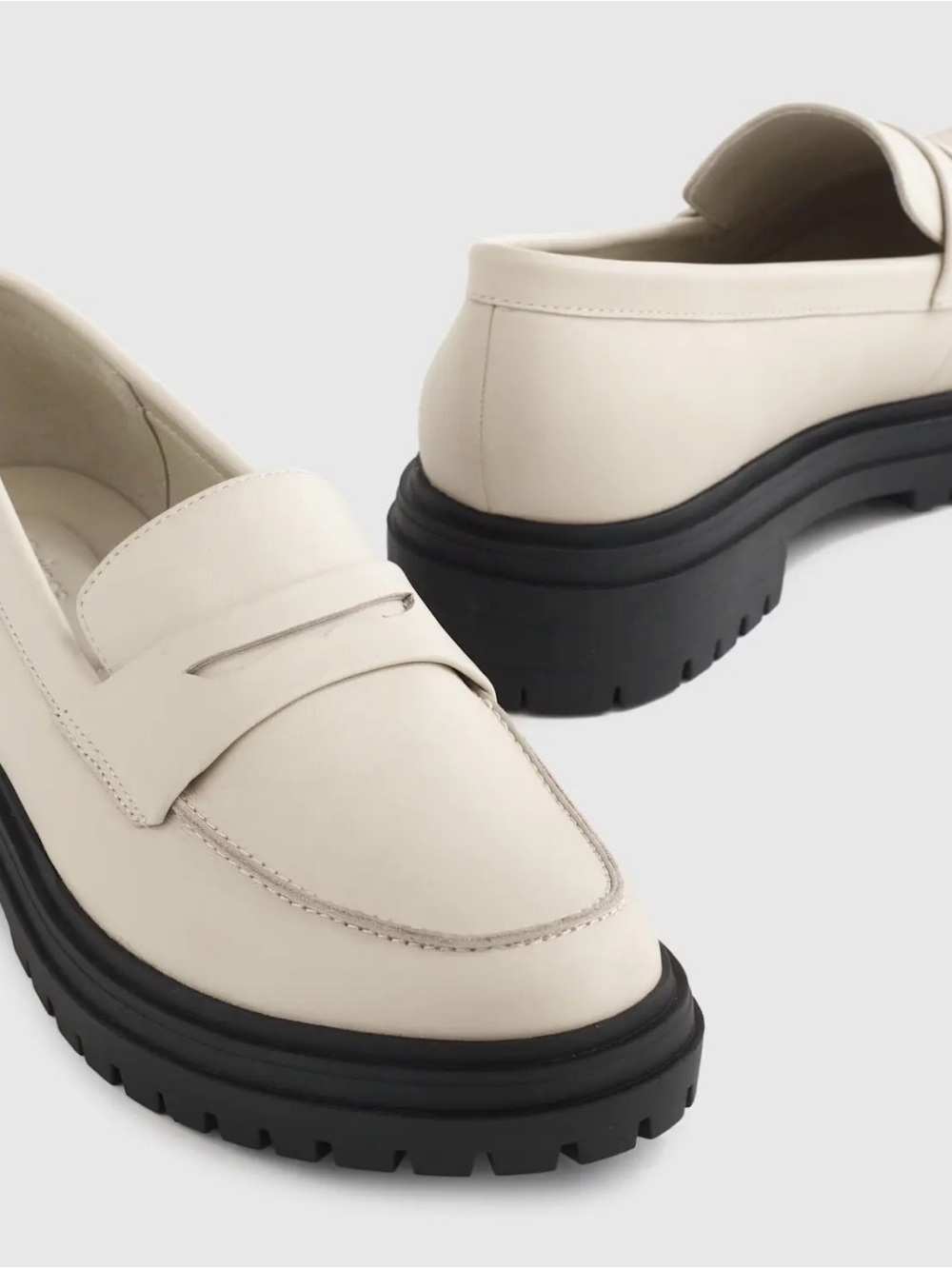 Quince Cream Penny Loafers with Black Lug Sole